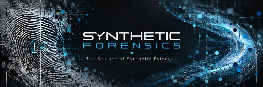 Synthetic Forensics banner: a fingerprint transitions into a digital evidence network.