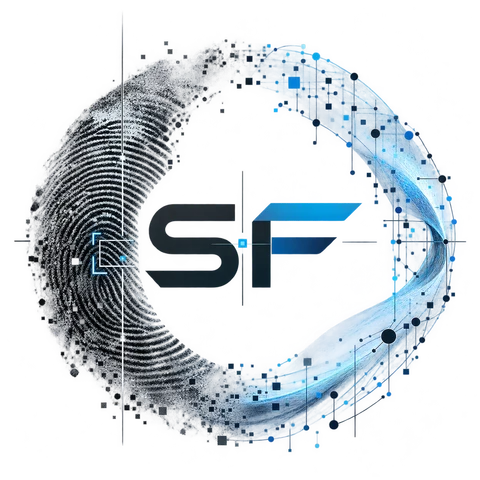 Synthetic Forensics logo: a fingerprint merging with a digital network around SF.