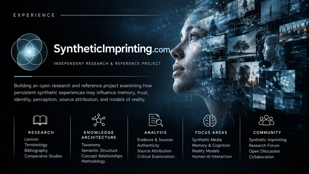 Synthetic Imprinting project overview, illustrating synthetic experiences, memory, trust, and source attribution.